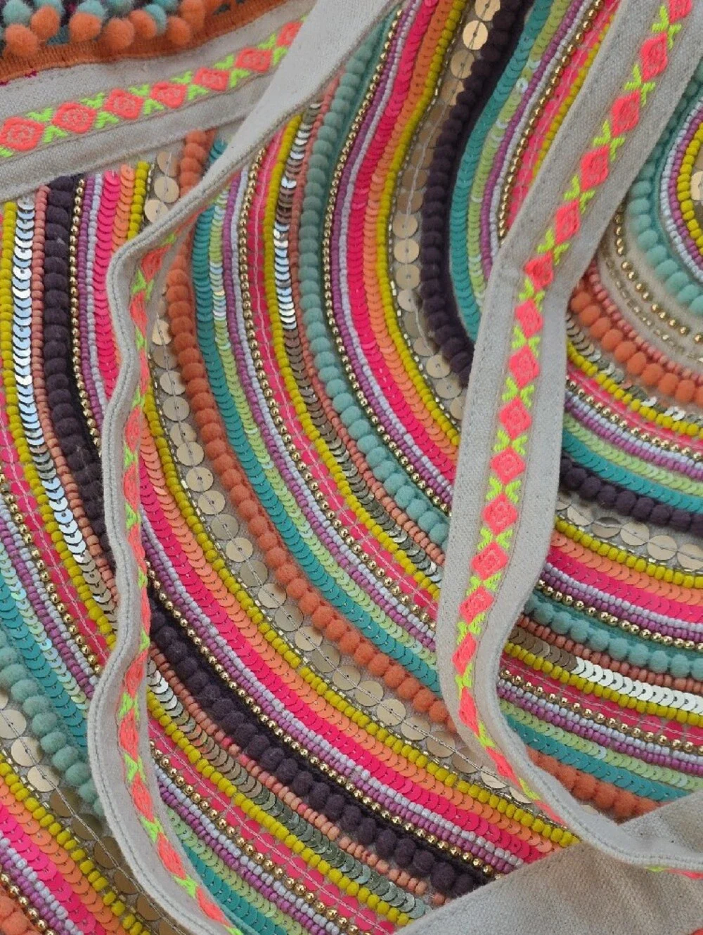 Bohemian Multicolor Embroidered Throw Bag with Pom Trim